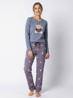 Pijama algodón fino mujer oso rayas